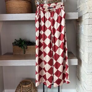 Boohoo Checker Satin Checkerboard Pants w/Pockets  Cream/Rust Color